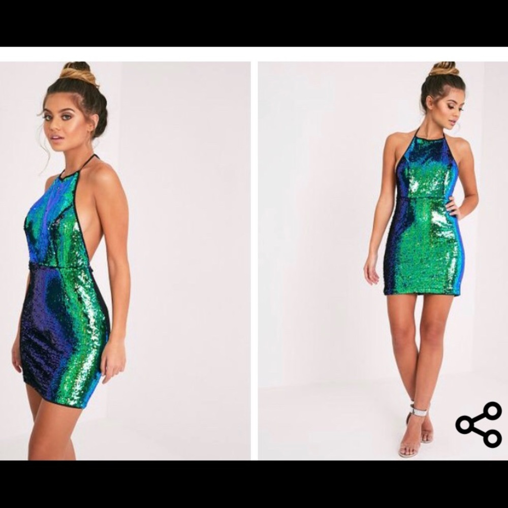 Green Sequin backless dress